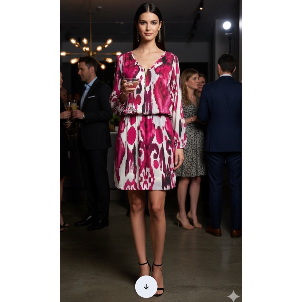 Vintage Karen Grimaldi USA Made Size 6 Front Zip Fuschia White L-Sleeve Dress